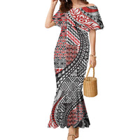 Aotearoa Maori Tribal Tattoo Family Matching Mermaid Dress and Hawaiian Shirt Kowhaiwhai Taniko Patchwork Motifs LT9 Mom's Dress Red - Polynesian Pride
