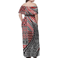 Aotearoa Maori Tribal Tattoo Family Matching Off Shoulder Maxi Dress and Hawaiian Shirt Kowhaiwhai Taniko Patchwork Motifs LT9 - Polynesian Pride