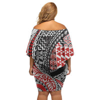 Aotearoa Maori Tribal Tattoo Family Matching Off Shoulder Short Dress and Hawaiian Shirt Kowhaiwhai Taniko Patchwork Motifs LT9 - Polynesian Pride