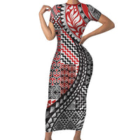 Aotearoa Maori Tribal Tattoo Family Matching Short Sleeve Bodycon Dress and Hawaiian Shirt Kowhaiwhai Taniko Patchwork Motifs LT9 Mom's Dress Red - Polynesian Pride