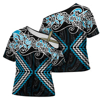 Blue Aotearoa Tukutuku Manawa Tapu Cross Shoulder Shirt Ta Moko Toi Maori - Polynesian Pride