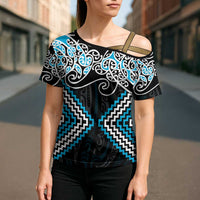 Blue Aotearoa Tukutuku Manawa Tapu Cross Shoulder Shirt Ta Moko Toi Maori - Polynesian Pride