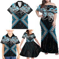 Blue Aotearoa Tukutuku Manawa Tapu Family Matching Off Shoulder Maxi Dress and Hawaiian Shirt Ta Moko Toi Maori LT9 - Polynesian Pride