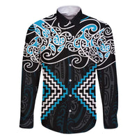 Blue Aotearoa Tukutuku Manawa Tapu Family Matching Off Shoulder Short Dress and Hawaiian Shirt Ta Moko Toi Maori LT9 Dad's Shirt - Long Sleeve Blue - Polynesian Pride