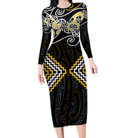 Gold Aotearoa Tukutuku Manawa Tapu Family Matching Long Sleeve Bodycon Dress and Hawaiian Shirt Ta Moko Toi Maori LT9 Mom's Dress Gold - Polynesian Pride