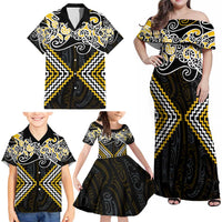 Gold Aotearoa Tukutuku Manawa Tapu Family Matching Off Shoulder Maxi Dress and Hawaiian Shirt Ta Moko Toi Maori LT9 - Polynesian Pride