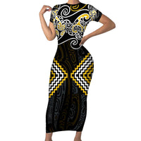 Gold Aotearoa Tukutuku Manawa Tapu Family Matching Short Sleeve Bodycon Dress and Hawaiian Shirt Ta Moko Toi Maori LT9 Mom's Dress Gold - Polynesian Pride