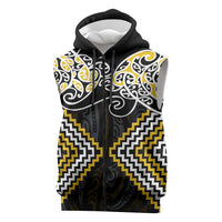 Gold Aotearoa Tukutuku Manawa Tapu Sleeveless Zip Hoodie Ta Moko Toi Maori - Polynesian Pride