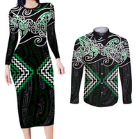 Green Aotearoa Tukutuku Manawa Tapu Couples Matching Long Sleeve Bodycon Dress and Long Sleeve Button Shirt Ta Moko Toi Maori LT9 Green - Polynesian Pride