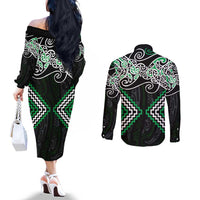 Green Aotearoa Tukutuku Manawa Tapu Couples Matching Off The Shoulder Long Sleeve Dress and Long Sleeve Button Shirt Ta Moko Toi Maori LT9 - Polynesian Pride