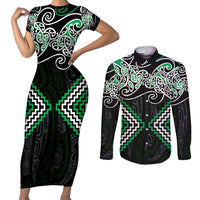 Green Aotearoa Tukutuku Manawa Tapu Couples Matching Short Sleeve Bodycon Dress and Long Sleeve Button Shirt Ta Moko Toi Maori LT9 Green - Polynesian Pride