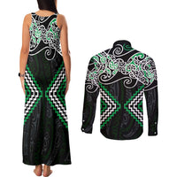 Green Aotearoa Tukutuku Manawa Tapu Couples Matching Tank Maxi Dress and Long Sleeve Button Shirt Ta Moko Toi Maori