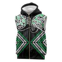 Green Aotearoa Tukutuku Manawa Tapu Sleeveless Zip Hoodie Ta Moko Toi Maori - Polynesian Pride