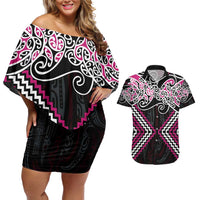 Pink Aotearoa Tukutuku Manawa Tapu Couples Matching Off Shoulder Short Dress and Hawaiian Shirt Ta Moko Toi Maori LT9 Pink - Polynesian Pride
