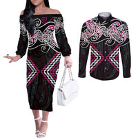 Pink Aotearoa Tukutuku Manawa Tapu Couples Matching Off The Shoulder Long Sleeve Dress and Long Sleeve Button Shirt Ta Moko Toi Maori LT9 Pink - Polynesian Pride