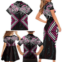 Pink Aotearoa Tukutuku Manawa Tapu Family Matching Short Sleeve Bodycon Dress and Hawaiian Shirt Ta Moko Toi Maori LT9 - Polynesian Pride