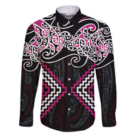 Pink Aotearoa Tukutuku Manawa Tapu Family Matching Summer Maxi Dress and Hawaiian Shirt Ta Moko Toi Maori LT9 Dad's Shirt - Long Sleeve Pink - Polynesian Pride