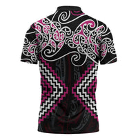 Pink Aotearoa Tukutuku Manawa Tapu Zipper Polo Shirt Ta Moko Toi Maori - Polynesian Pride