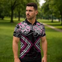 Pink Aotearoa Tukutuku Manawa Tapu Zipper Polo Shirt Ta Moko Toi Maori - Polynesian Pride