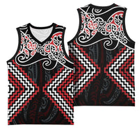 Red Aotearoa Tukutuku Manawa Tapu Basketball Jersey Ta Moko Toi Maori - Polynesian Pride