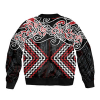 Red Aotearoa Tukutuku Manawa Tapu Bomber Jacket Ta Moko Toi Maori