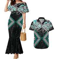 Turquoise Aotearoa Tukutuku Manawa Tapu Couples Matching Mermaid Dress and Hawaiian Shirt Ta Moko Toi Maori LT9 Turquoise - Polynesian Pride