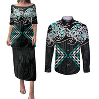 Turquoise Aotearoa Tukutuku Manawa Tapu Couples Matching Puletasi and Long Sleeve Button Shirt Ta Moko Toi Maori LT9 Turquoise - Polynesian Pride