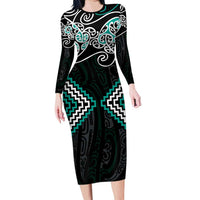 Turquoise Aotearoa Tukutuku Manawa Tapu Family Matching Long Sleeve Bodycon Dress and Hawaiian Shirt Ta Moko Toi Maori LT9 Mom's Dress Turquoise - Polynesian Pride