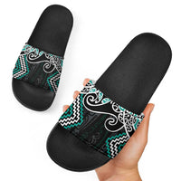 Turquoise Aotearoa Tukutuku Manawa Tapu Slide Sandals Ta Moko Toi Maori - Polynesian Pride