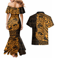 Gold Couple Dolphins Maori Polynesian Style Couples Matching Mermaid Dress and Hawaiian Shirt LT9 - Polynesian Pride
