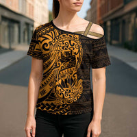 Gold Couple Dolphins Maori Polynesian Style Cross Shoulder Shirt - Polynesian Pride