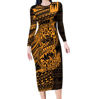 Gold Couple Dolphins Maori Polynesian Style Family Matching Long Sleeve Bodycon Dress and Hawaiian Shirt LT9 Mom's Dress Gold - Polynesian Pride
