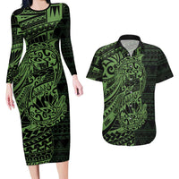 Green Couple Dolphins Maori Polynesian Style Couples Matching Long Sleeve Bodycon Dress and Hawaiian Shirt LT9 Green - Polynesian Pride