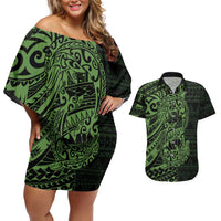 Green Couple Dolphins Maori Polynesian Style Couples Matching Off Shoulder Short Dress and Hawaiian Shirt LT9 Green - Polynesian Pride