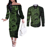 Green Couple Dolphins Maori Polynesian Style Couples Matching Off The Shoulder Long Sleeve Dress and Long Sleeve Button Shirt LT9 Green - Polynesian Pride