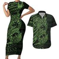Green Couple Dolphins Maori Polynesian Style Couples Matching Short Sleeve Bodycon Dress and Hawaiian Shirt LT9 Green - Polynesian Pride