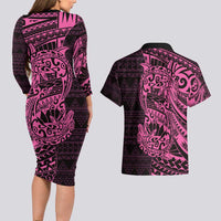 Pink Couple Dolphins Maori Polynesian Style Couples Matching Long Sleeve Bodycon Dress and Hawaiian Shirt LT9 - Polynesian Pride