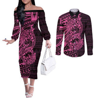 Pink Couple Dolphins Maori Polynesian Style Couples Matching Off The Shoulder Long Sleeve Dress and Long Sleeve Button Shirt LT9 Pink - Polynesian Pride