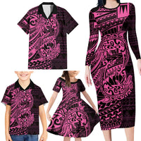 Pink Couple Dolphins Maori Polynesian Style Family Matching Long Sleeve Bodycon Dress and Hawaiian Shirt LT9 - Polynesian Pride