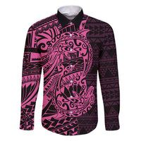 Pink Couple Dolphins Maori Polynesian Style Family Matching Puletasi and Hawaiian Shirt LT9 Dad's Shirt - Long Sleeve Pink - Polynesian Pride