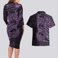 Purple Couple Dolphins Maori Polynesian Style Couples Matching Long Sleeve Bodycon Dress and Hawaiian Shirt LT9 - Polynesian Pride