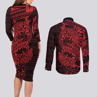 Red Couple Dolphins Maori Polynesian Style Couples Matching Long Sleeve Bodycon Dress and Long Sleeve Button Shirt LT9 - Polynesian Pride