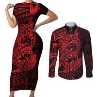 Red Couple Dolphins Maori Polynesian Style Couples Matching Short Sleeve Bodycon Dress and Long Sleeve Button Shirt LT9 Red - Polynesian Pride