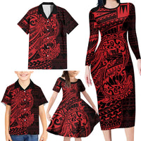 Red Couple Dolphins Maori Polynesian Style Family Matching Long Sleeve Bodycon Dress and Hawaiian Shirt LT9 - Polynesian Pride