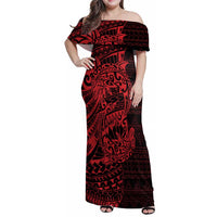 Red Couple Dolphins Maori Polynesian Style Family Matching Off Shoulder Maxi Dress and Hawaiian Shirt LT9 Mom's Dress Red - Polynesian Pride
