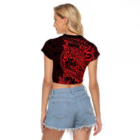 Red Couple Dolphins Maori Polynesian Style Raglan Cropped T Shirt LT9 - Polynesian Pride