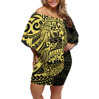 Yellow Couple Dolphins Maori Polynesian Style Off Shoulder Short Dress LT9 Women Yellow - Polynesian Pride