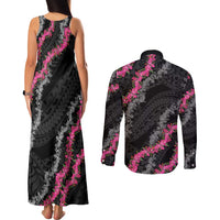 Guam Bougainvillea Lei Couples Matching Tank Maxi Dress and Long Sleeve Button Shirt Chamorro Tribal Pattern