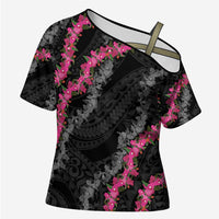 Guam Bougainvillea Lei Cross Shoulder Shirt Chamorro Tribal Pattern LT9 Female Black - Polynesian Pride