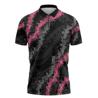 Guam Bougainvillea Lei Zipper Polo Shirt Chamorro Tribal Pattern LT9 Black - Polynesian Pride